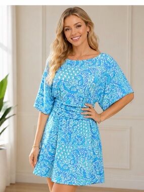 🩵 Lilly Pulitzer Teal/Turquoise & White Coral-Print Skirted Romper.